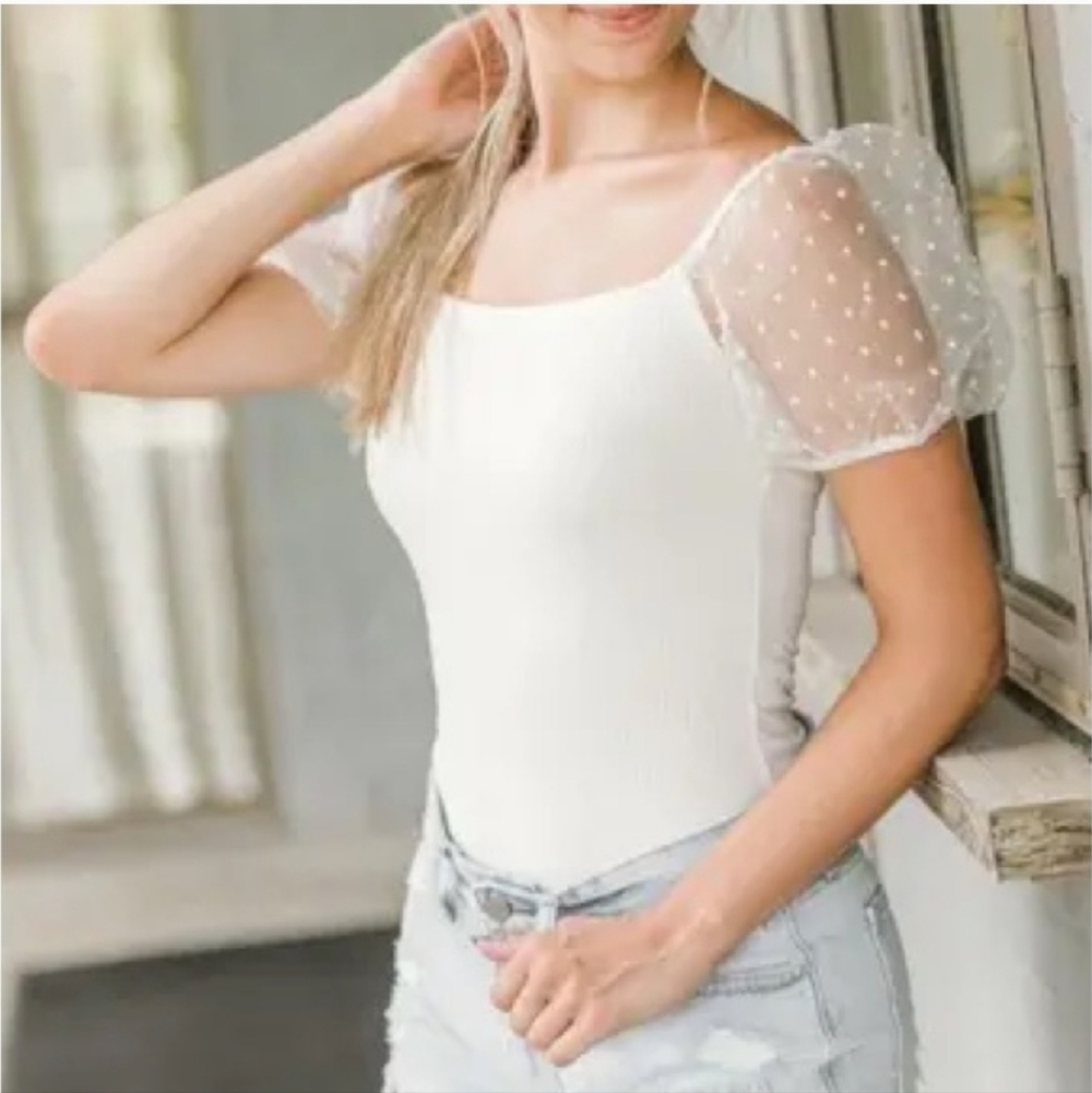 Altar’d State Sheer Swiss Dot Puff Sleeve Ribbed Bodysuit